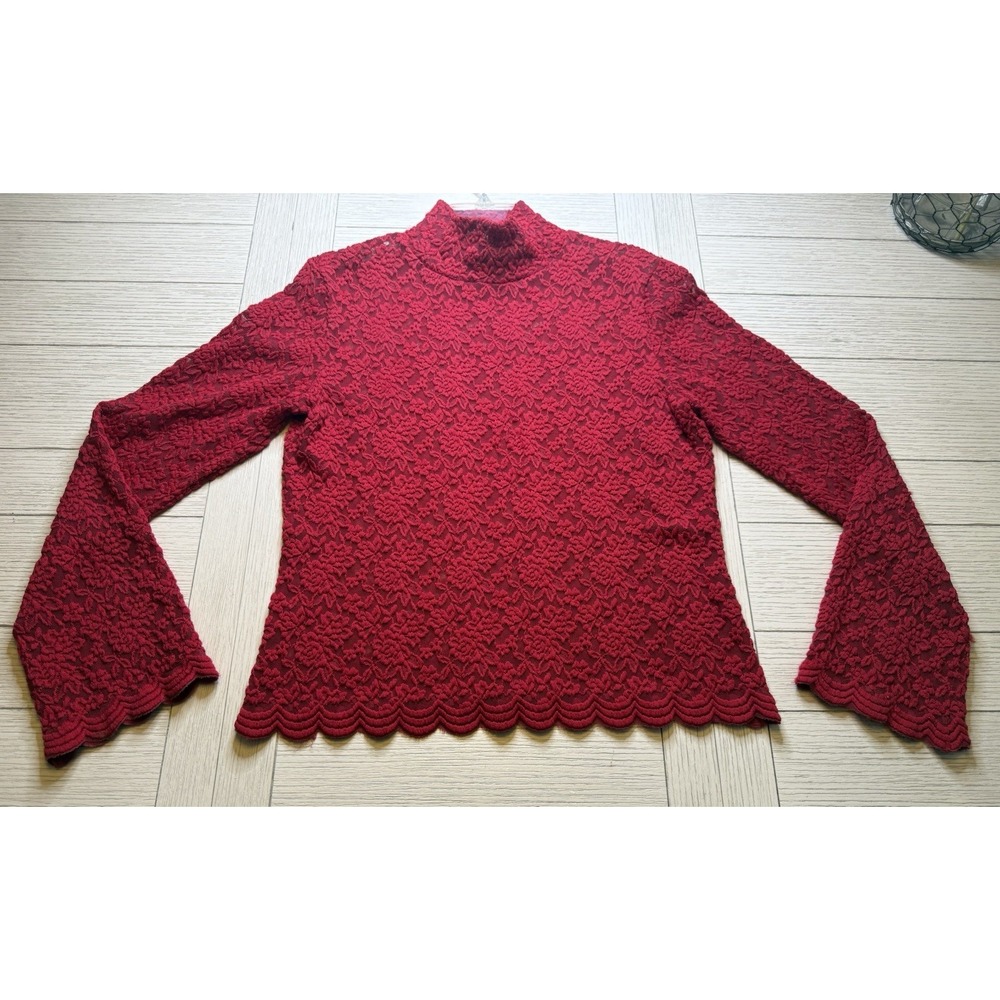 Forenza Vintage Red Lace Sheer long Bell Sleeve Scalloped Hem Trim Sz L‎ Boho